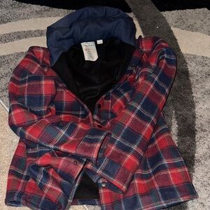 Red and Blue Plaid Jacket with Hood